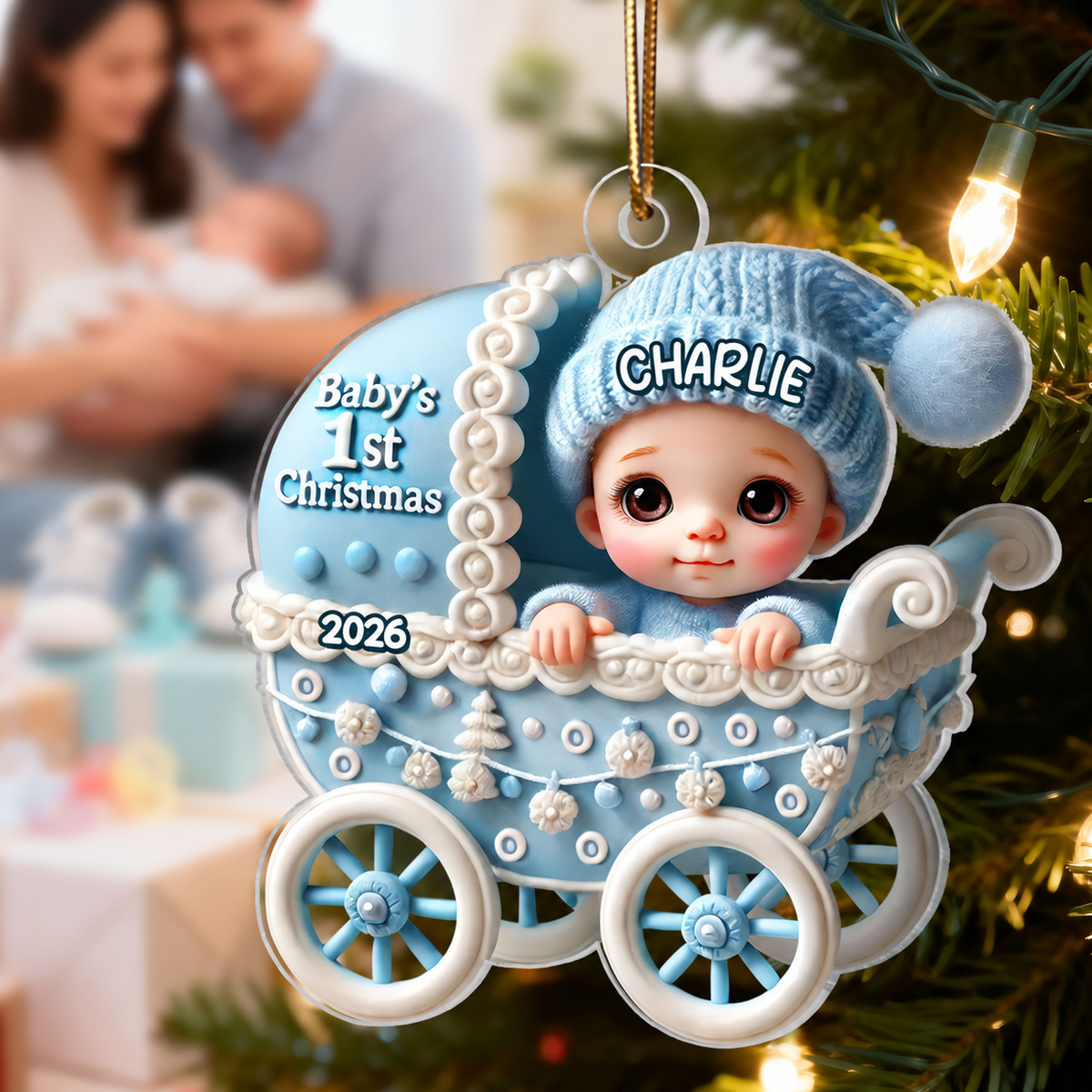 3D Effect Newborn Baby In Carriage Christmas Personalized Flat Acrylic Ornament, Christmas Gift For Newborns, New Parents