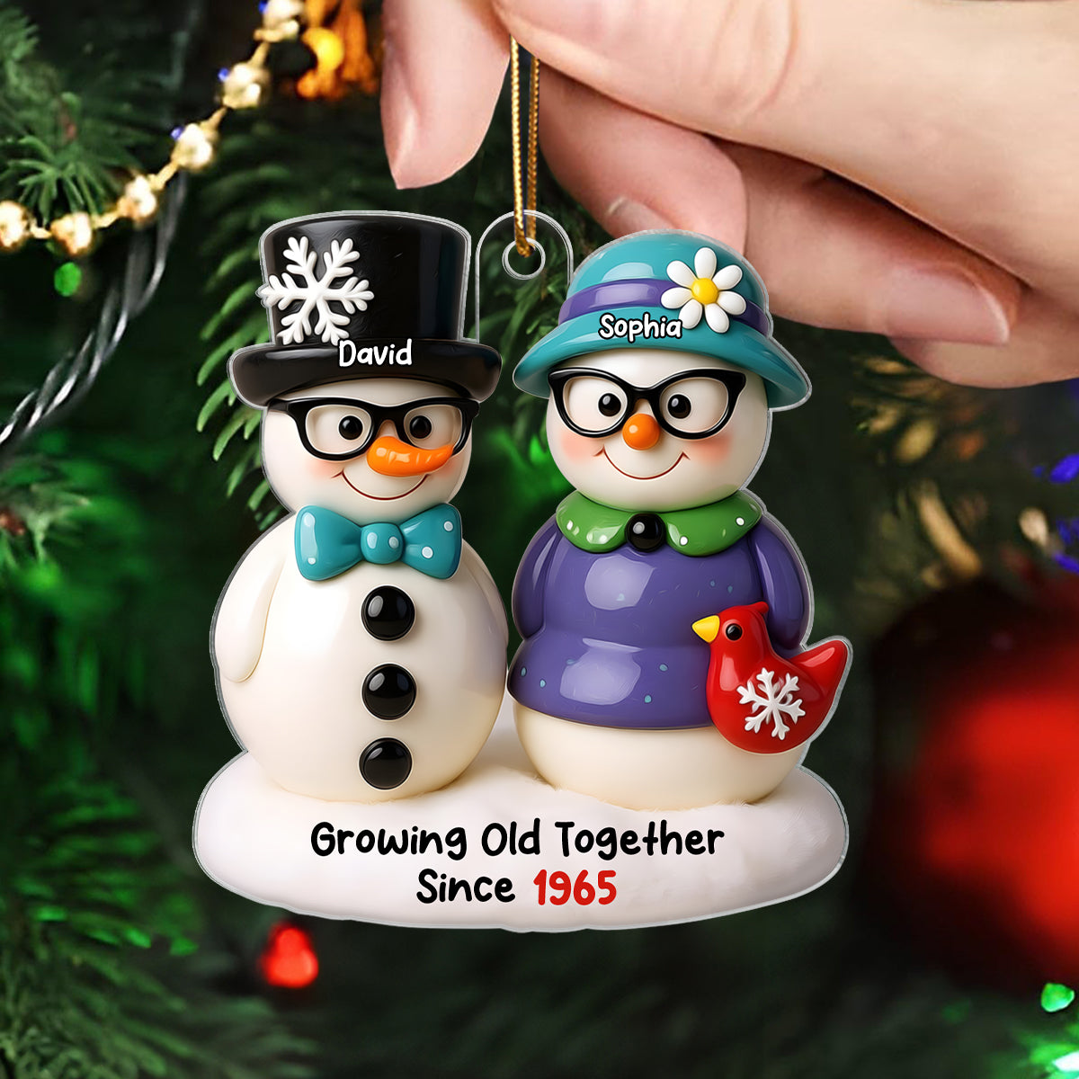 Snowman Couple Growing Old Together Personalized Acrylic Ornament, 3D Effect Ornament for Couple