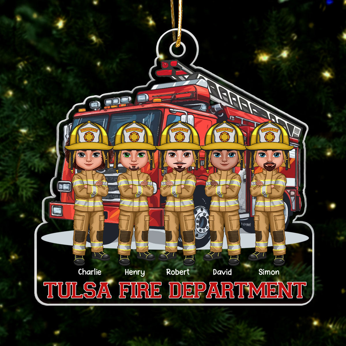 Firefighter Group Squad In Front Of Fire Truck Personalized Acrylic Ornament