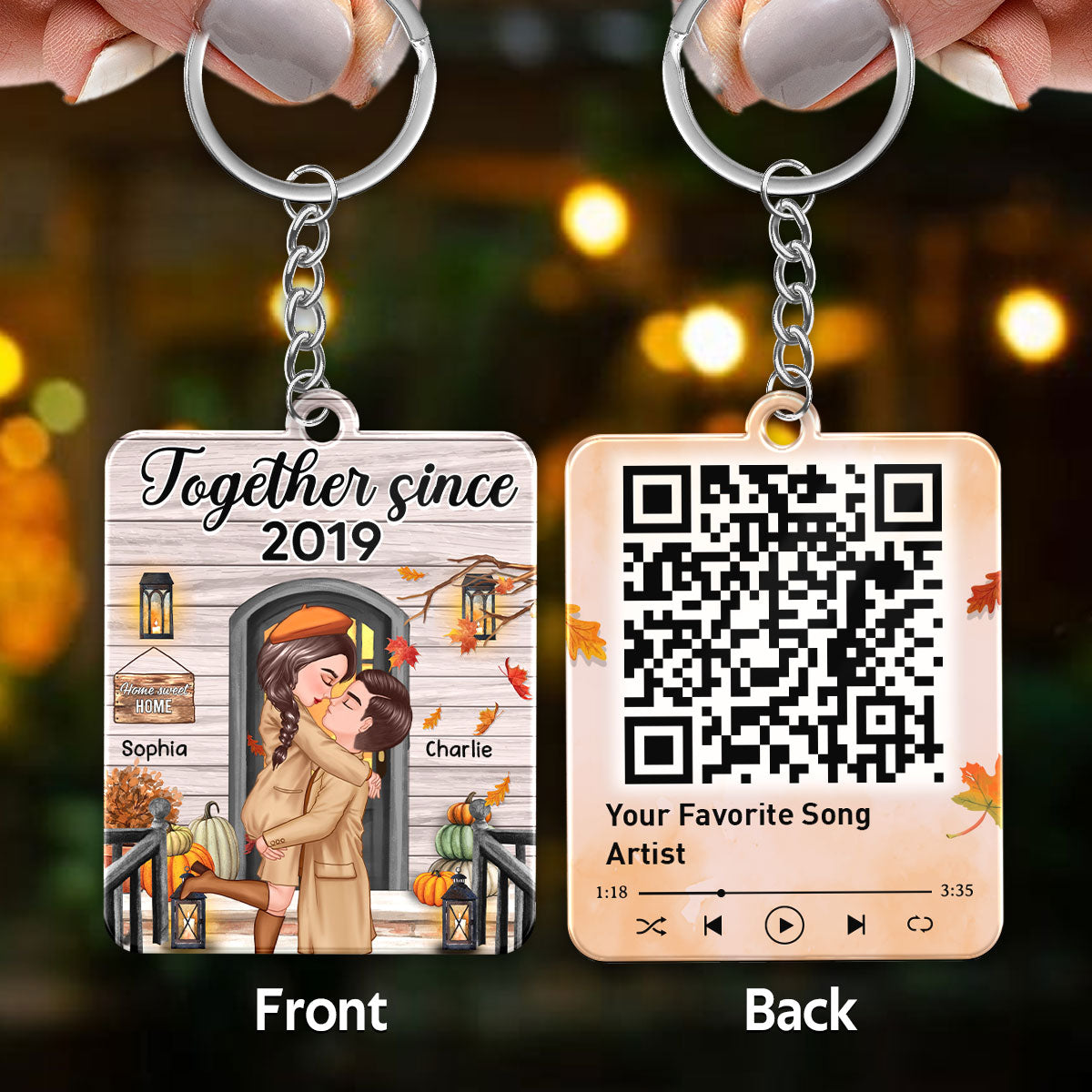 Fall Season Couple Kissing In Front Porch Favorite Song QR Code Personalized Acrylic Keychain