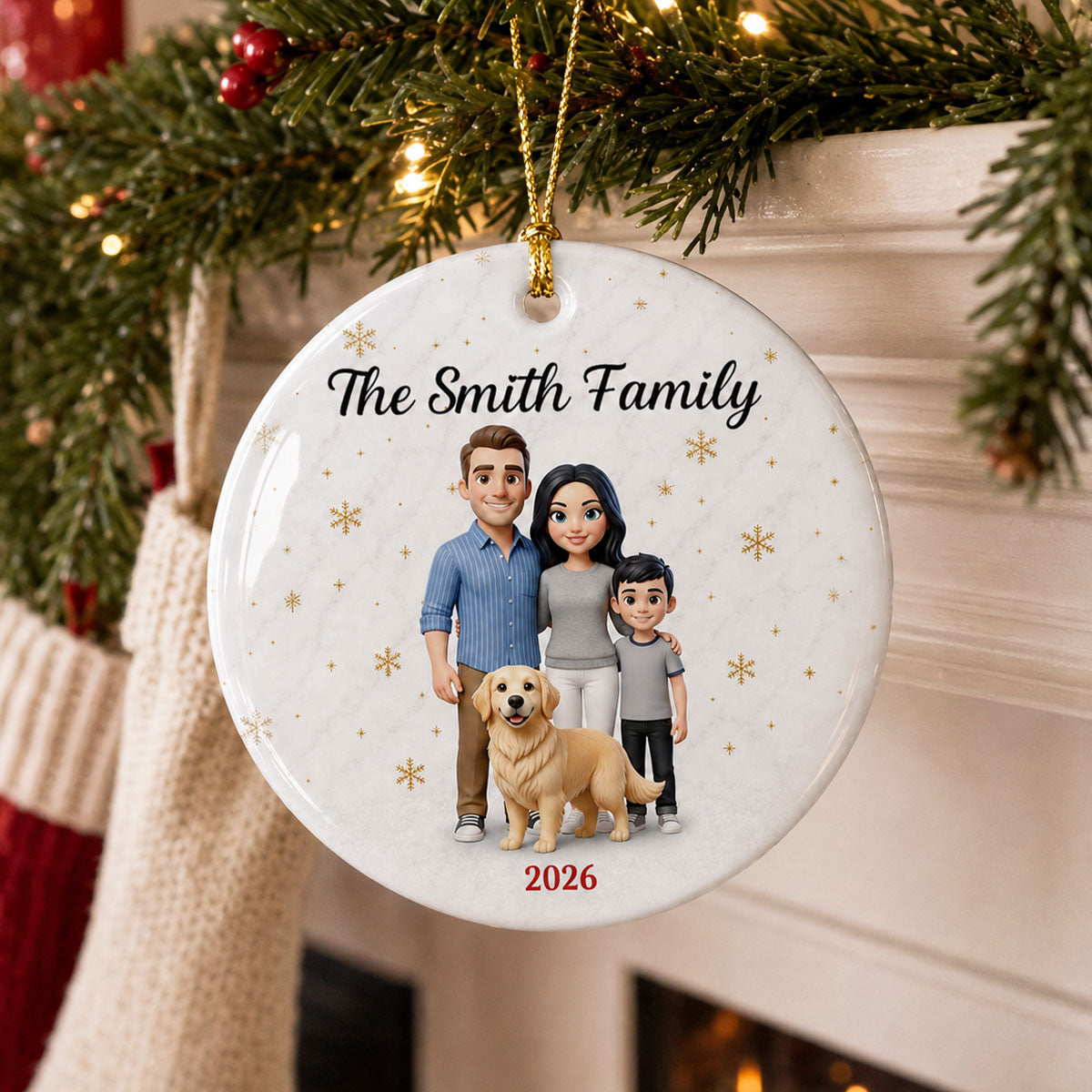 Cartoon Family Portrait From Photo 2D Flat - Personalized Ceramic Ornament - Christmas Keepsake