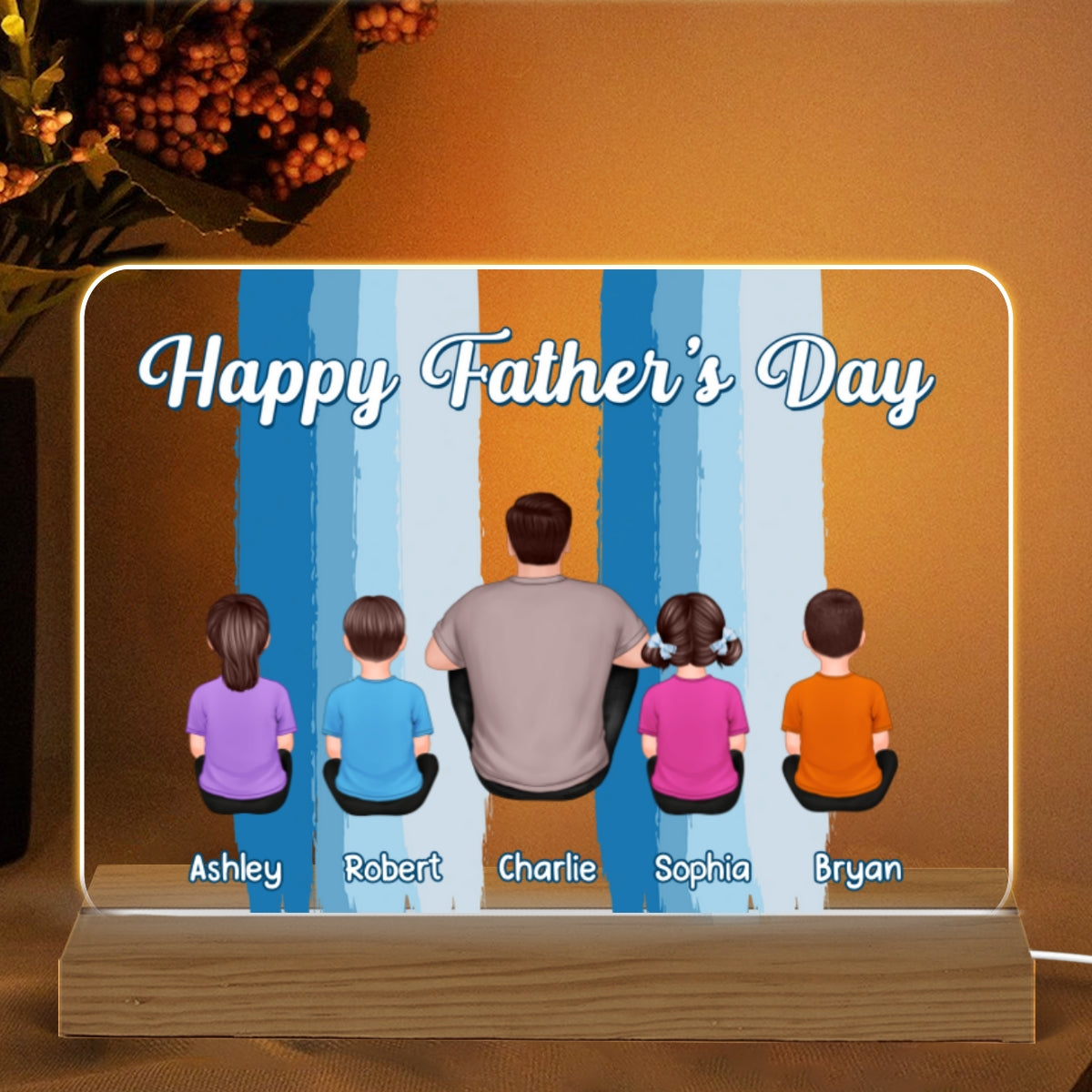 Happy Father‘s Day Man Kids Dogs Cats Blue Stripes Personalized Warm Acrylic Custom Shape LED Night Light