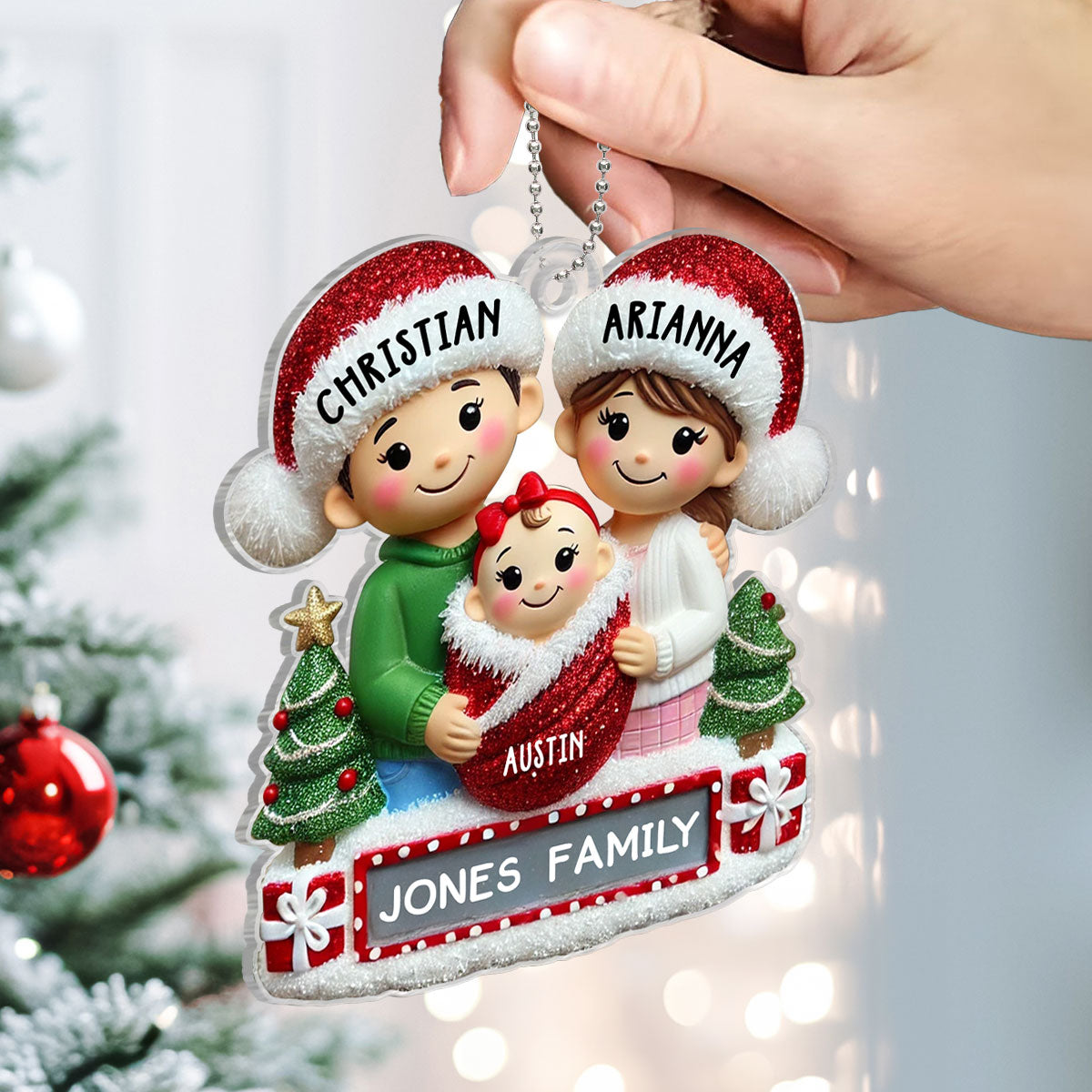 Personalized New Parents Baby in Red Swaddle Christmas Acrylic Ornament, Gift for New Mom New Dad, Baby Newborn Gift