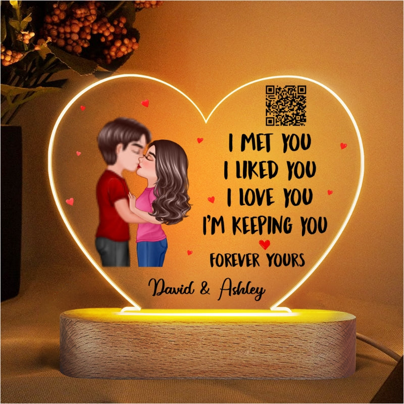 Doll Couple Kissing I Met You Favorite Song Scannable QR Code Gift For Him For Her Personalized Acrylic Heart Plaque LED Night Light