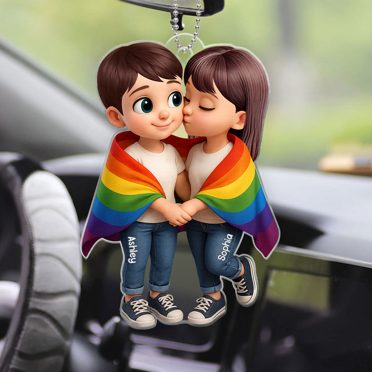 Pride Month LGBTQ+ Couple Love Is Love Personalized Acrylic Car Hanger, Gift For Couple