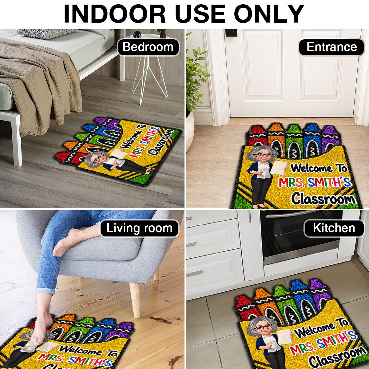 Teacher Welcome To Classroom Crayon Box Faux Yarn Pattern - Personalized Doormat - Back To School Gift For Teacher, Classroom Decor