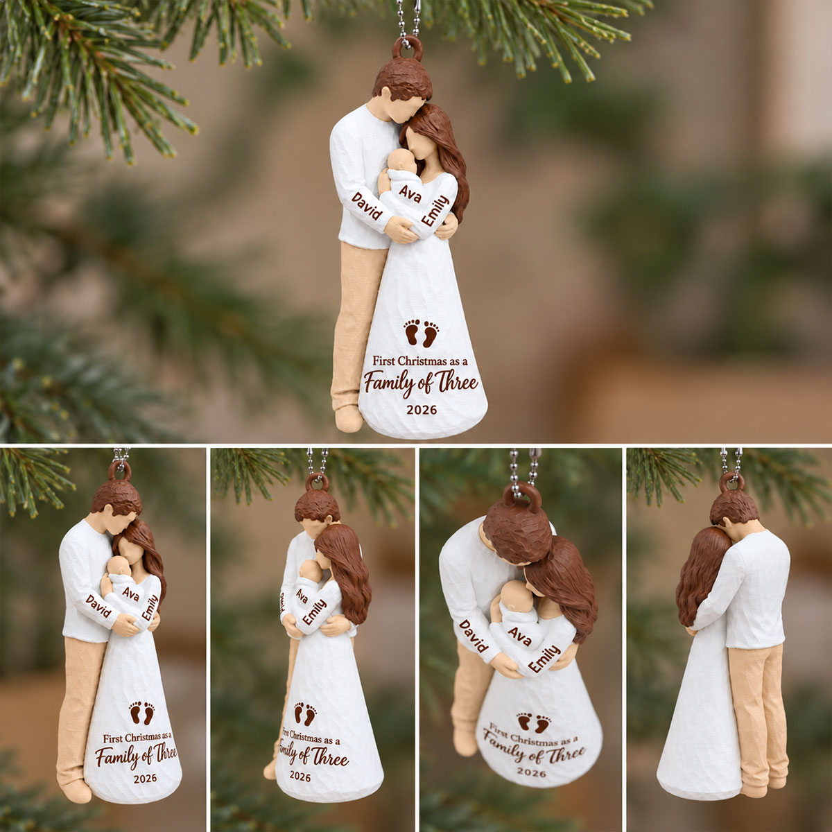 3D Figure First Christmas As Family Of Three - Personalized 3D Printed Ornament - First Christmas Keepsake For New Parents