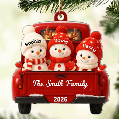 Family Snowman on Christmas Truck Personalized Acrylic Ornament, Red Truck Christmas Gift for Family