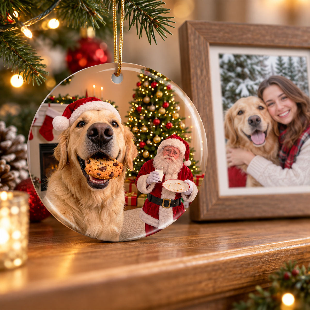 Dog Steal Cookie From Santa Upload Pet Photo - Personalized Ceramic Ornament - Funny Gift For Dog Lovers