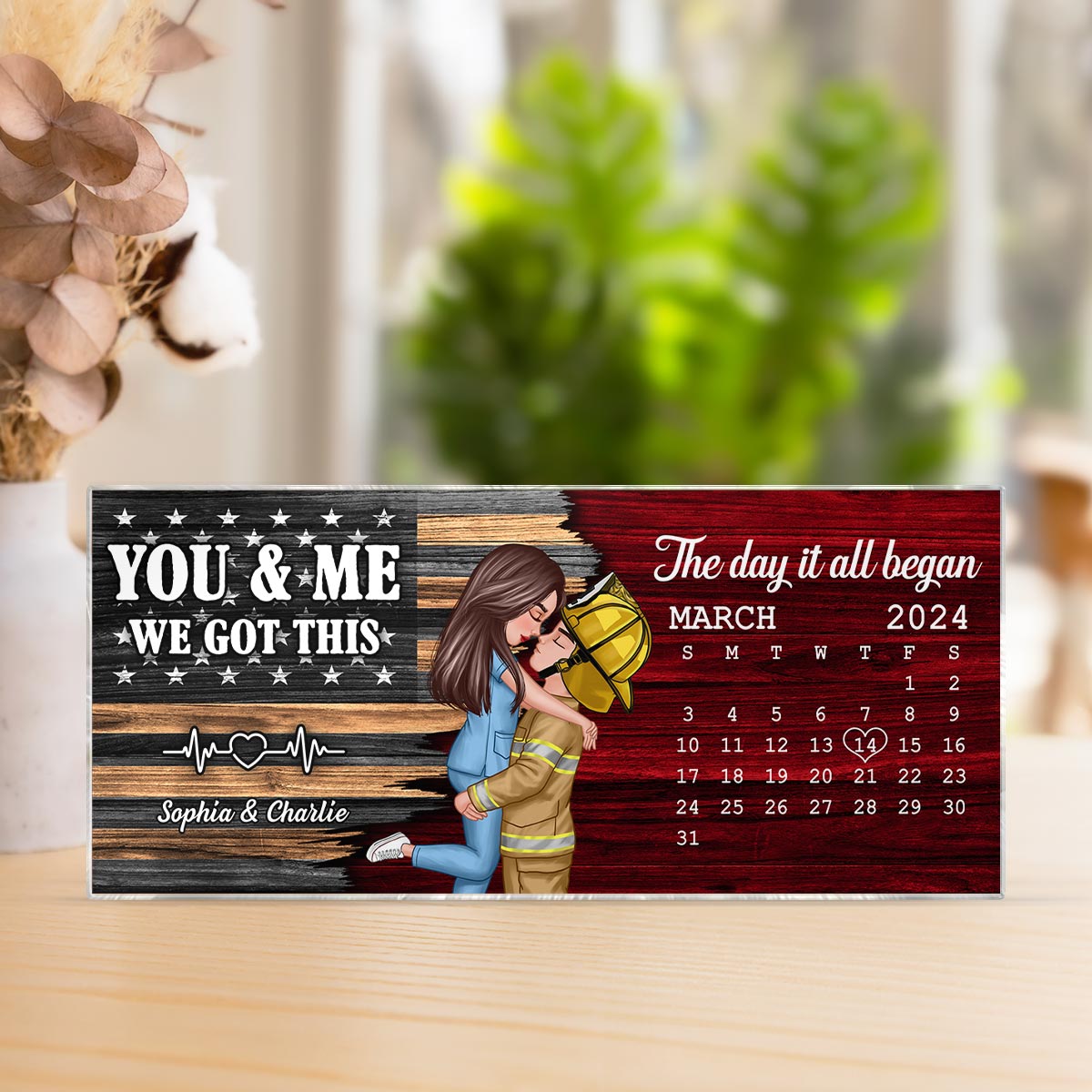 Hero Couple Hugging Kissing Half Flag Anniversary Calendar Keepsake  Gift by Occupation Personalized Acrylic Block Plaque