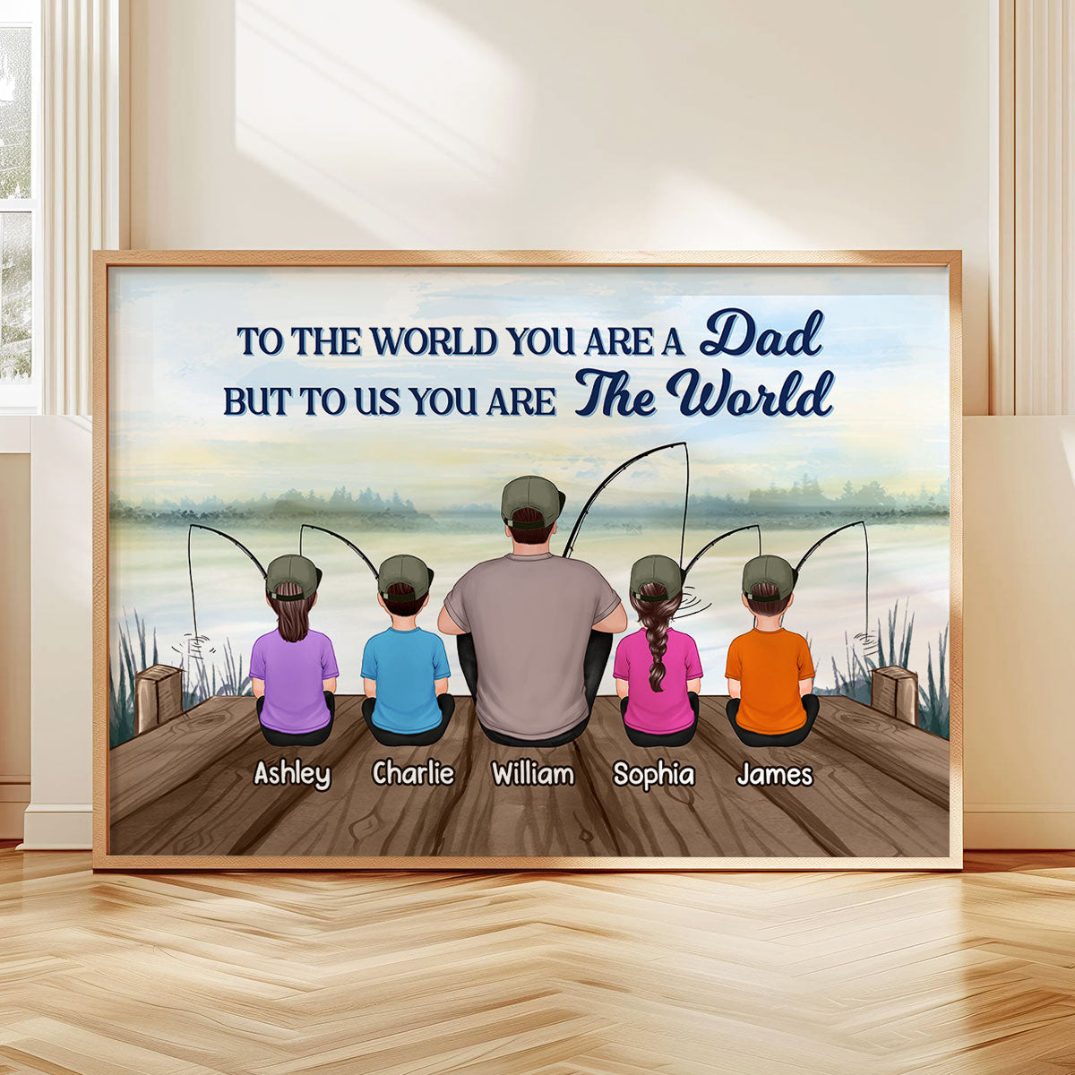 Fishing Back View Dad And Kids Sitting Personalized Horizontal Poster| Heartfelt Father's Day Gift For Dad