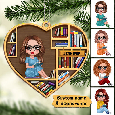 Bookshelf Book Lover Book Worm Personalized Christmas Wooden Ornament