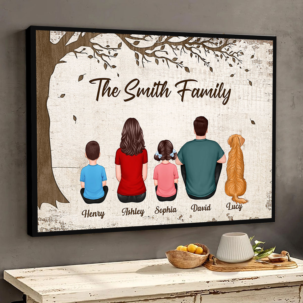 Whole Back View Family Grandma Grandpa Dad Mom Kids Dogs Cats Sitting Under Tree Personalized Horizontal Poster
