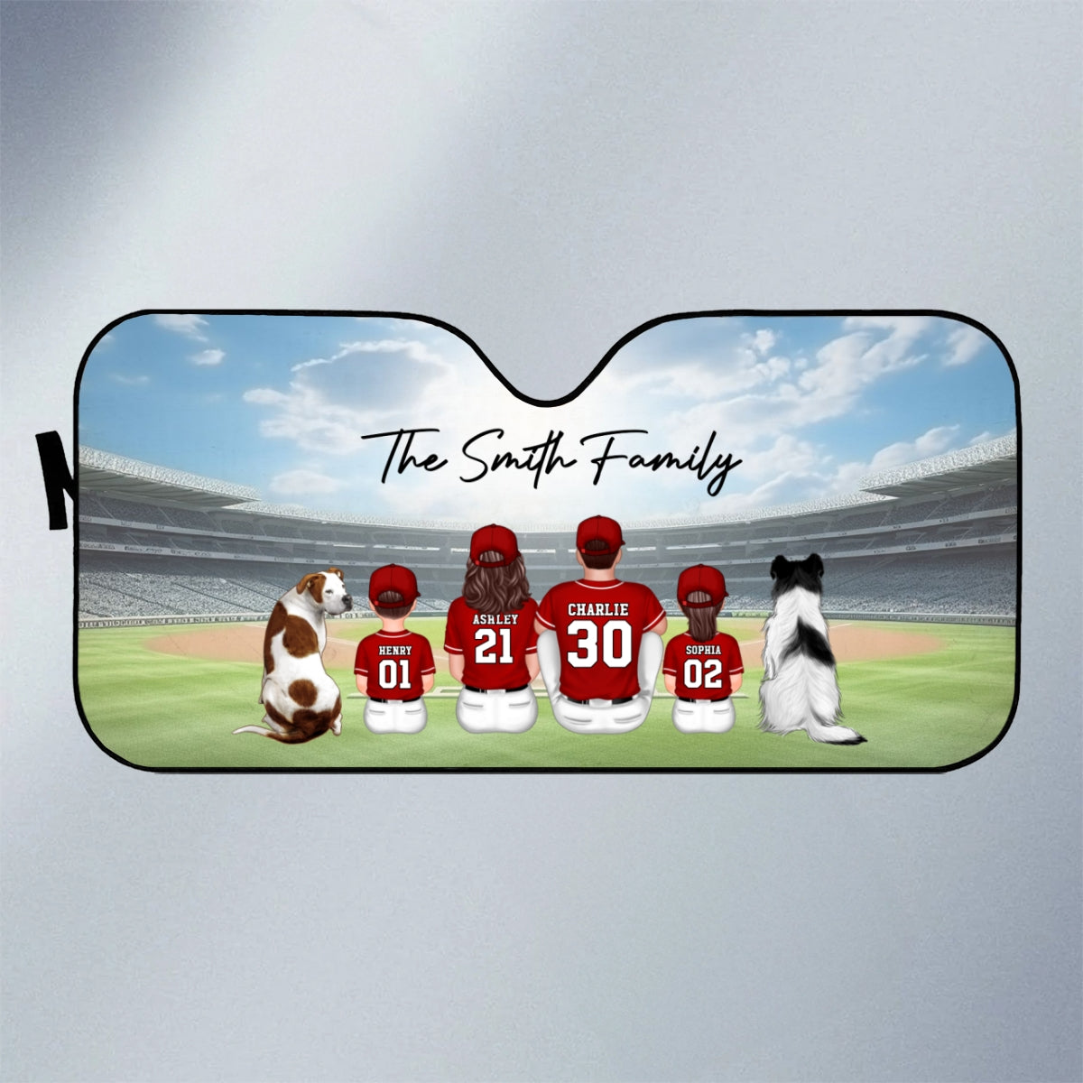 Baseball Family Sitting Back View Personalized Car Sunshade