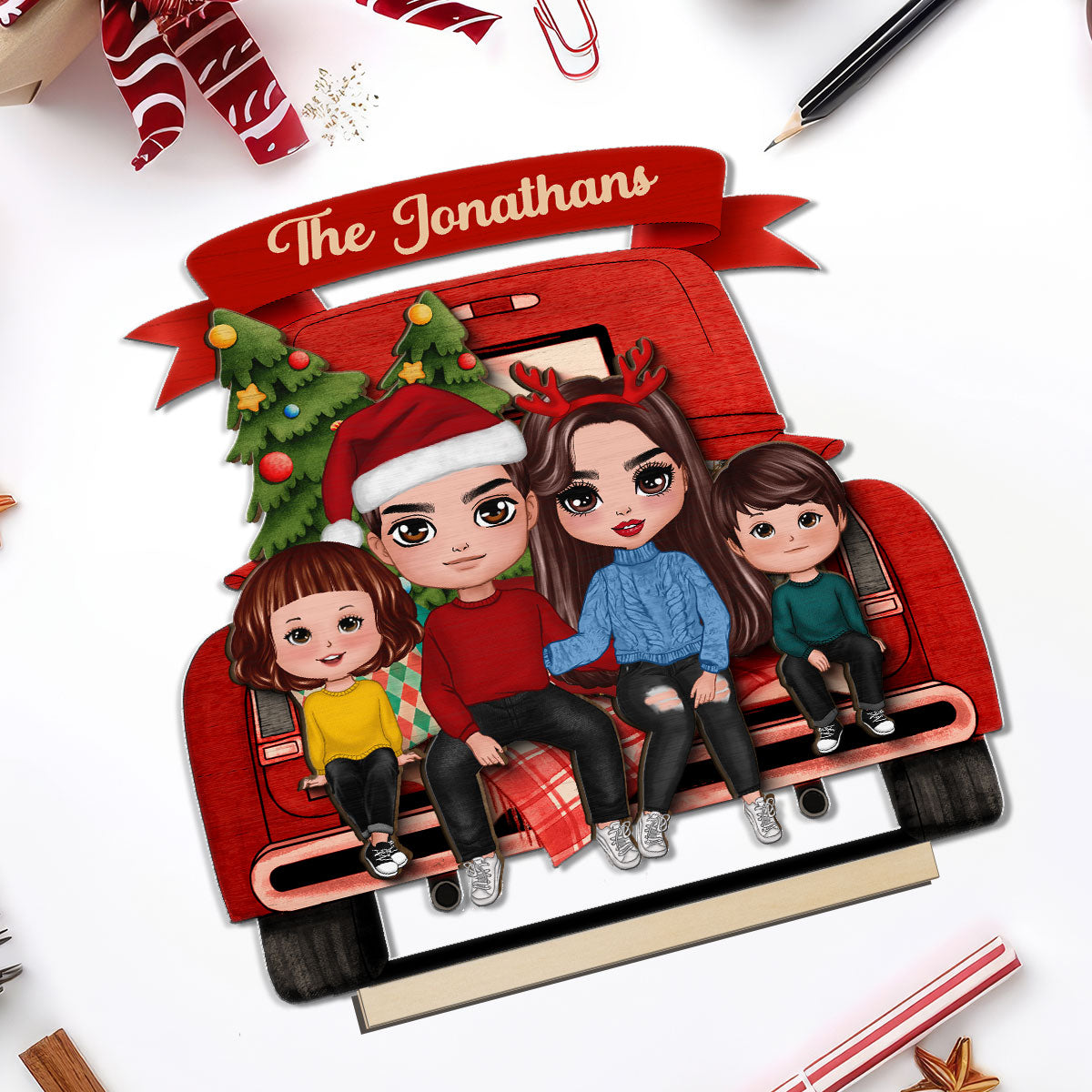 Family Couple On Christmas Truck Personalized Standing Wooden Plaque