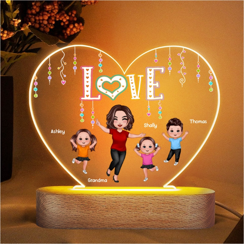 LOVE Happy Doll Grandma Mom With Kids Personalized Heart Acrylic Plaque LED Night Light