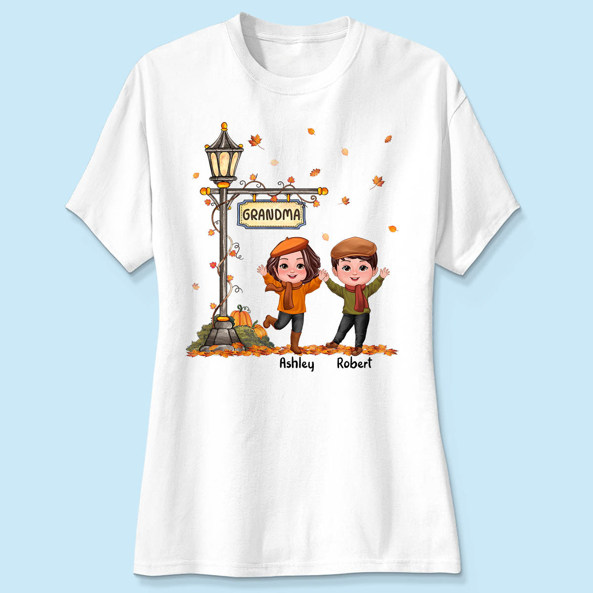 Fall Season Happy Doll Kids Under Lamp Post Personalized Shirt, Fall Season Gift For Grandma