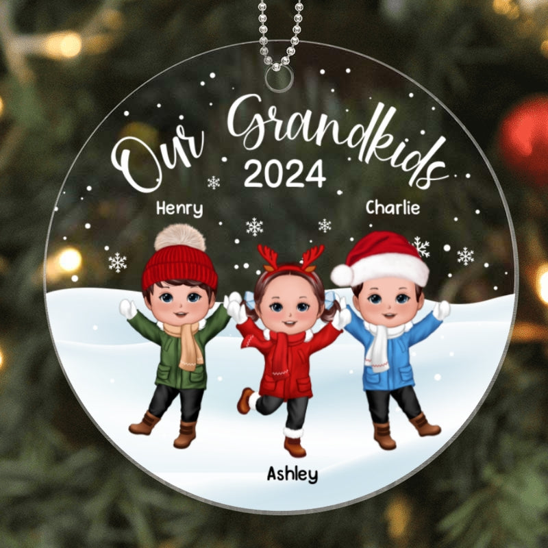 Our Grandkids Happy Doll Kids In Snow Personalized Acrylic Ornament