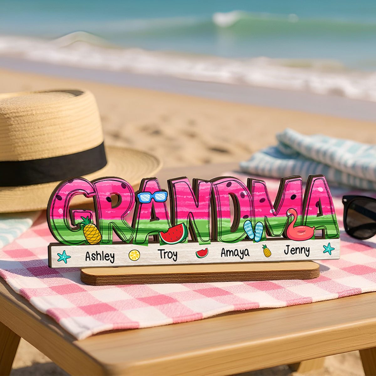 Summer Grandma Mom Watermelon Pattern Personalized 2-Layer Standing Wooden Plaque