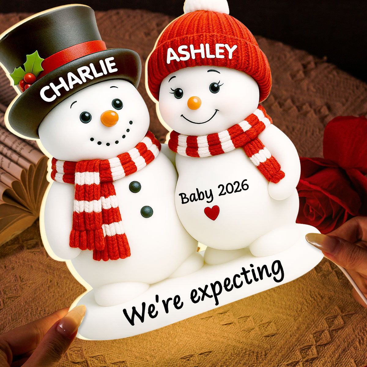 Christmas Snowman Couple Parents We're Expecting Pregnancy Baby Arriving - Personalized Light Box