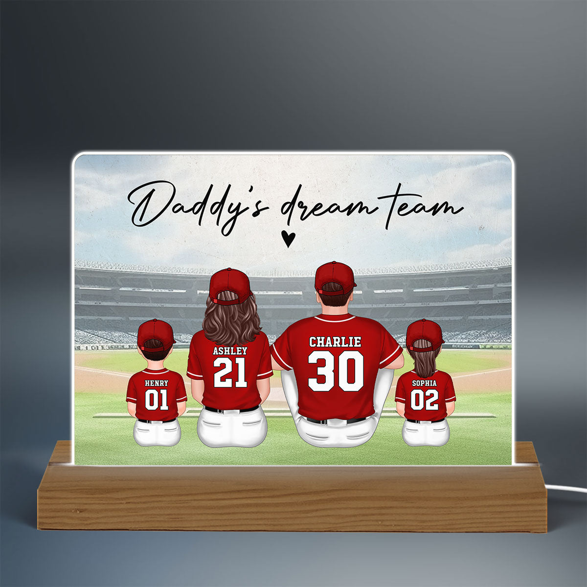 Daddy's Team Baseball Family Sitting Personalized Acrylic LED Night Light, Father's Day Gift For Dad, Grandpa, Husband