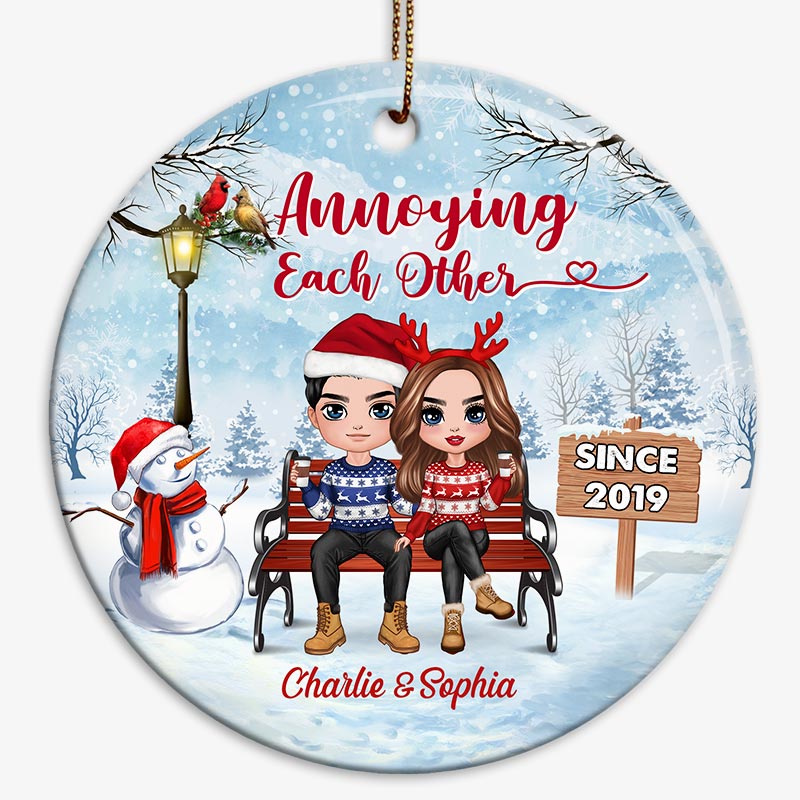 Doll Couple Sitting On Bench Personalized Circle Ornament