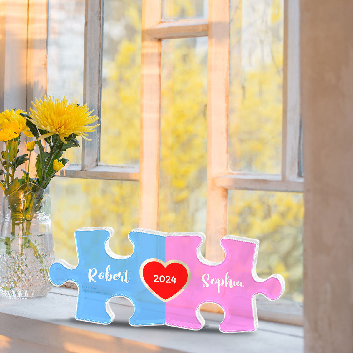 Love Is The Piece That Holds Us Together Acrylic Block Plaque, Personalize Couple Puzzle Name Sign,  Gift For Him, For Her, Wedding Gift
