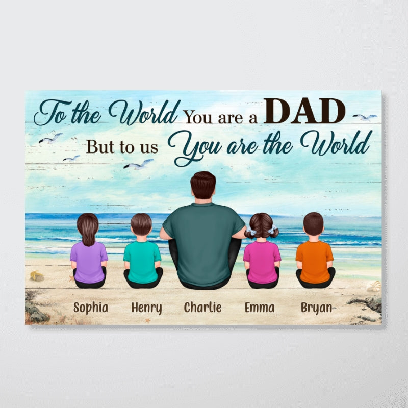 Back View Dad And Kids Dogs Cats Sitting Beach Landscape Gift For Dad Personalized Horizontal Poster
