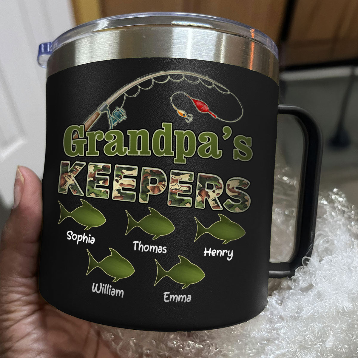 Grandpa's Keepers Fishing Camouflage Personalized Stainless Steel Tumbler With Handle