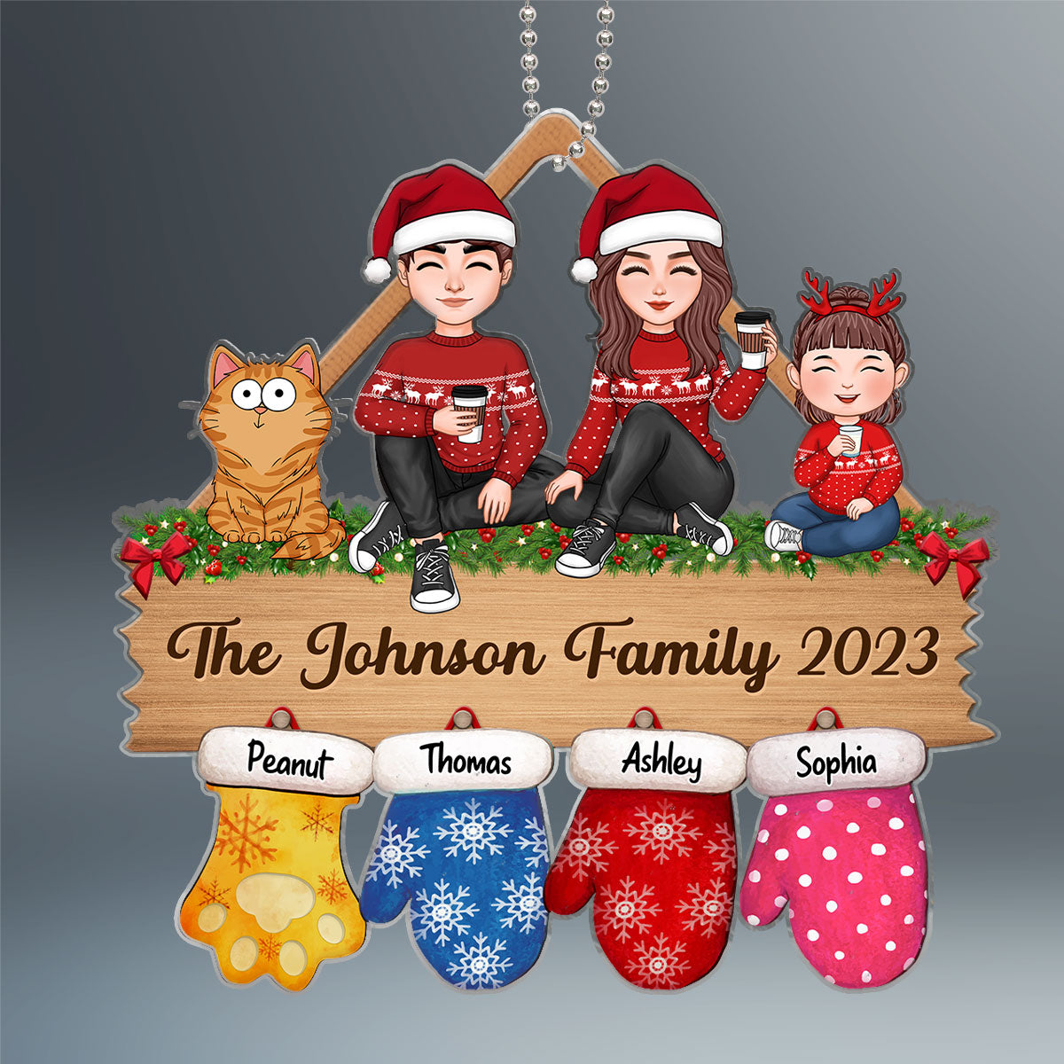 Family Sitting Christmas Glove Personalized Acrylic Ornament