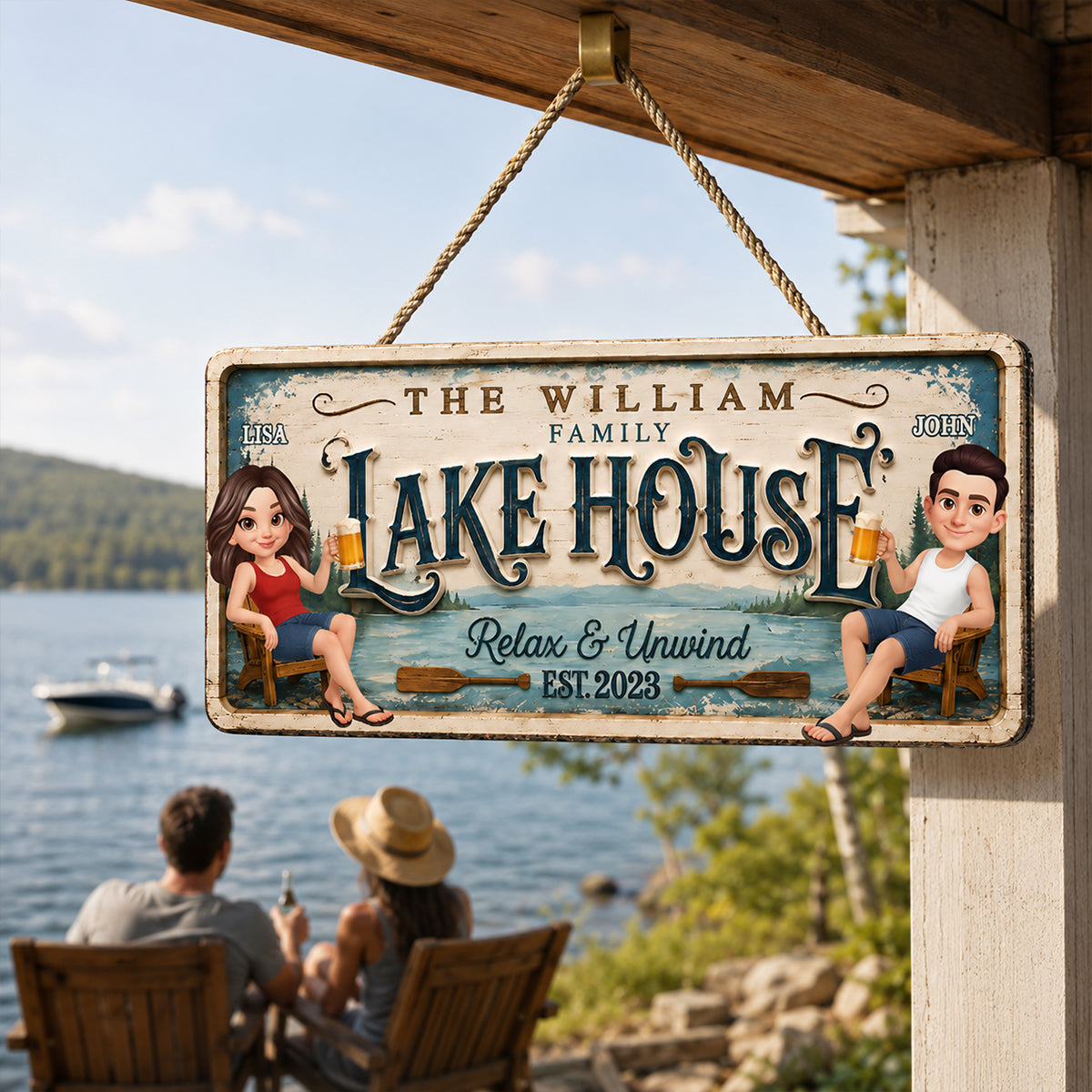 Family Lake House Relax & Unwind - Personalized Wood Sign - Gift For Couple, Family, Summer Decorations