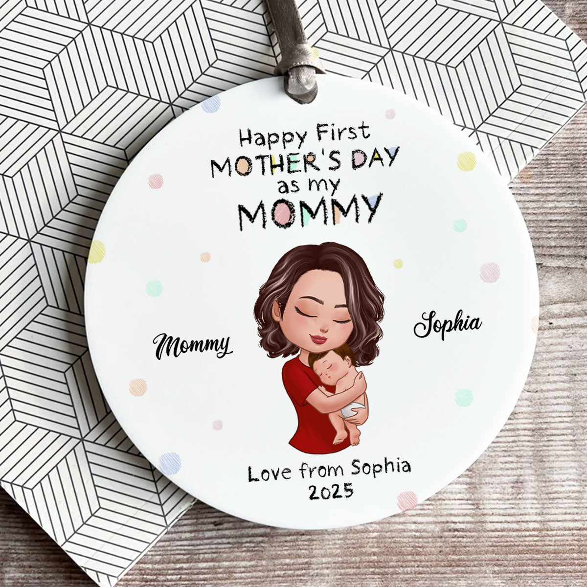 Happy First Mother's Day Mom Grandma Hugging Kid Crayon Patterned Personalized Circle Ceramic Ornament