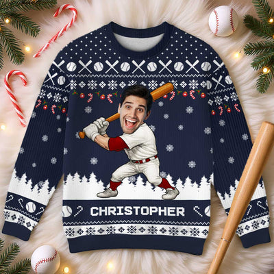 Baseball Player Custom Face Photo - Personalized Faux Knitting Ugly Sweater - Christmas Gift For Baseball Lover
