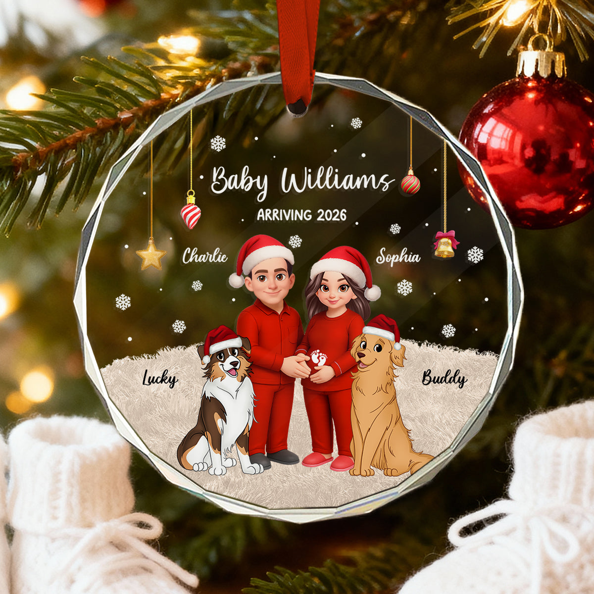 Expecting Parents Christmas Pregnancy Baby Arriving With Dogs Cats - Personalized Glass Ornament
