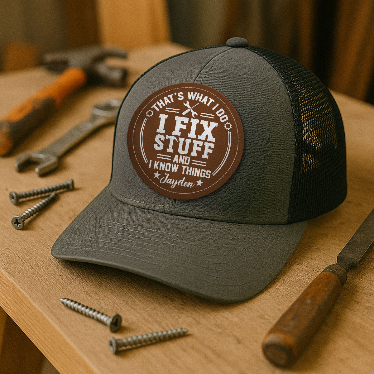 I Fix Stuff And Know Things Gift For Men Personalized Leather Patch Hat