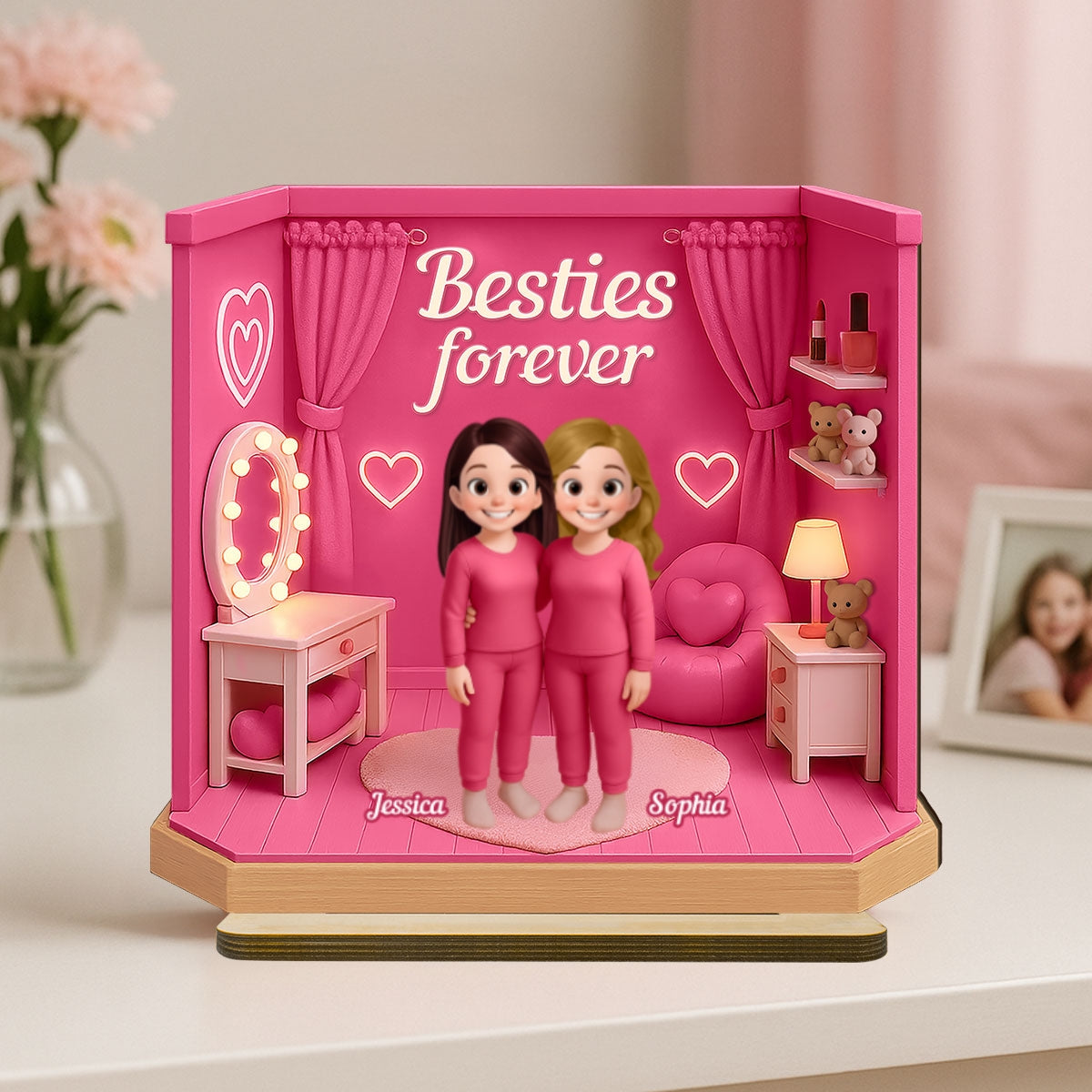3D Effect Besties Pink Tone Dream Dollhouse Personalized Flat Standing Wooden Plaque