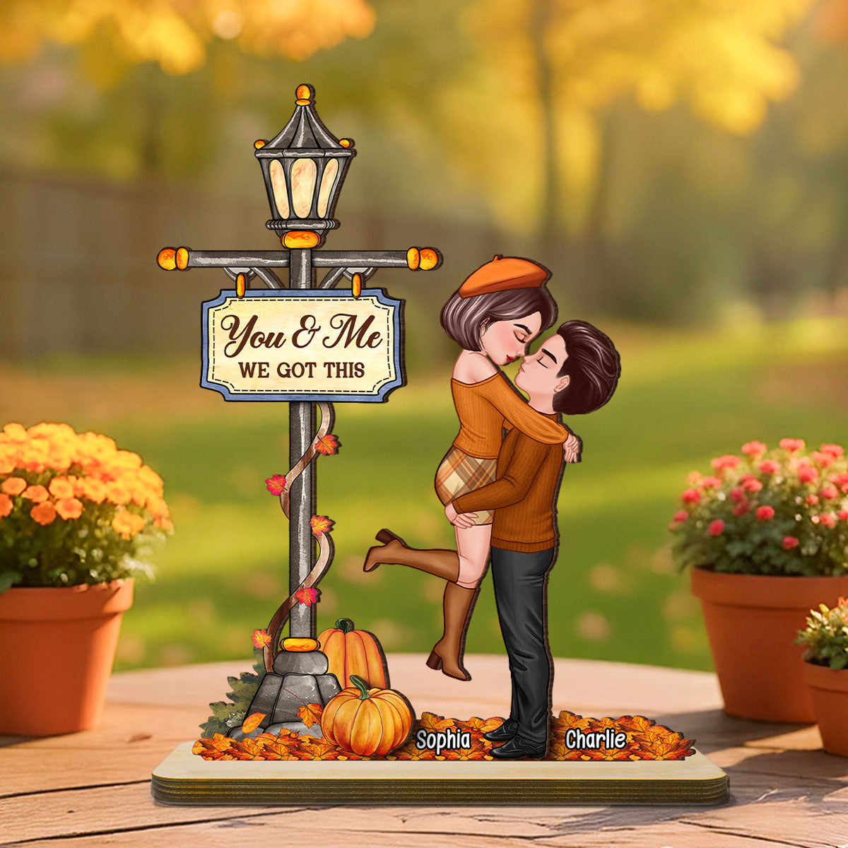 Under Lamp Post Fall Season Couple Kissing Personalized Standing Wooden Plaque