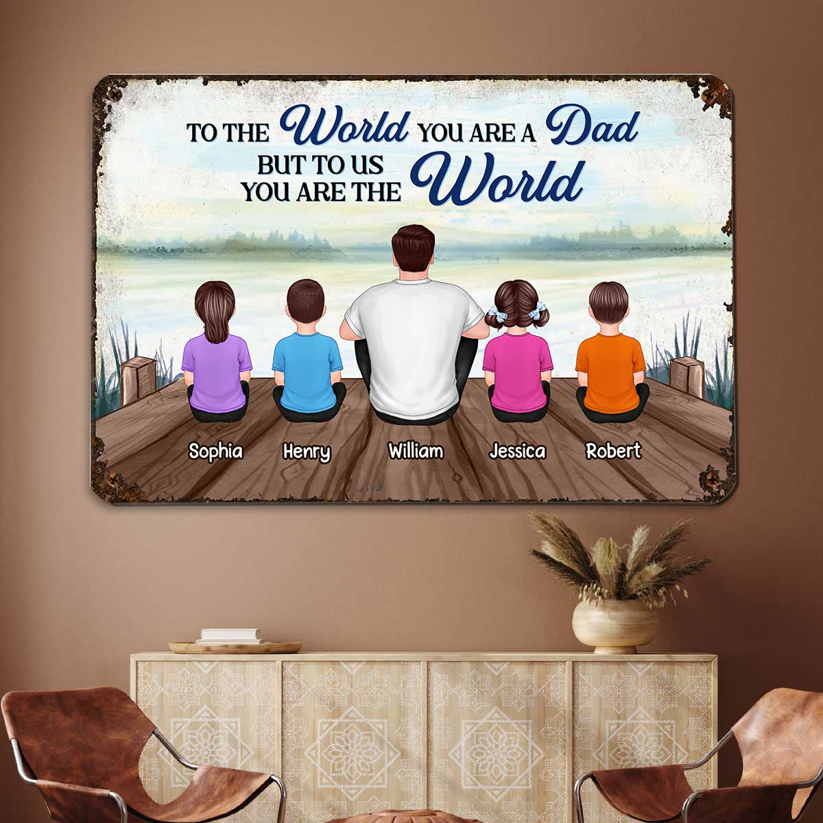 Dad And Kids Back View Lake Personalized Metal Sign