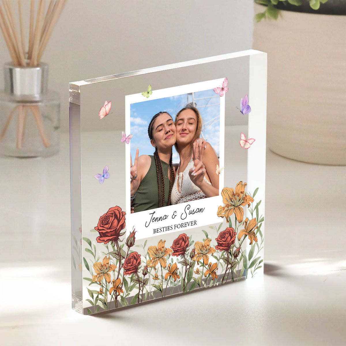 Personalized Photo Acrylic Block Plaque Birth Month Flower, Bestie Gifts, Christmas Gift for Friend, Friendship, Soul Sisters