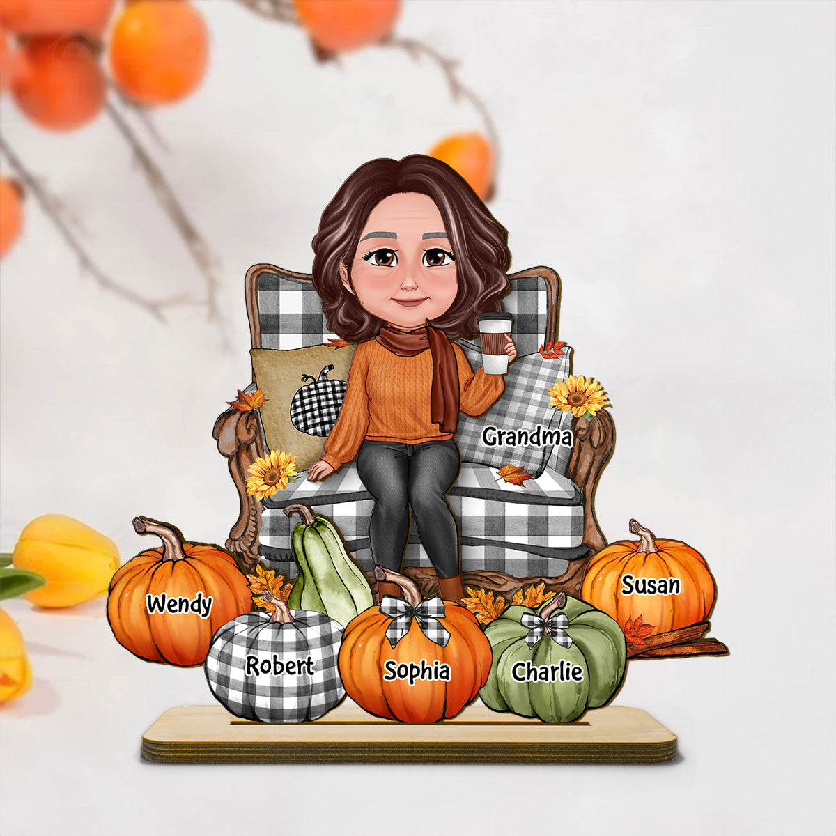 Grandma Sitting On Chair Pumpkins Personalized 2-Layer Standing Wooden Plaque, Fall Season Decor