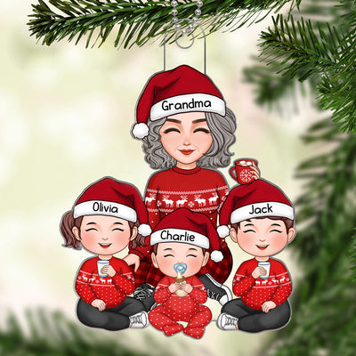 Cute Grandma Grandkids Sitting Gift For Grandson Granddaughter Personalized Acrylic Ornament