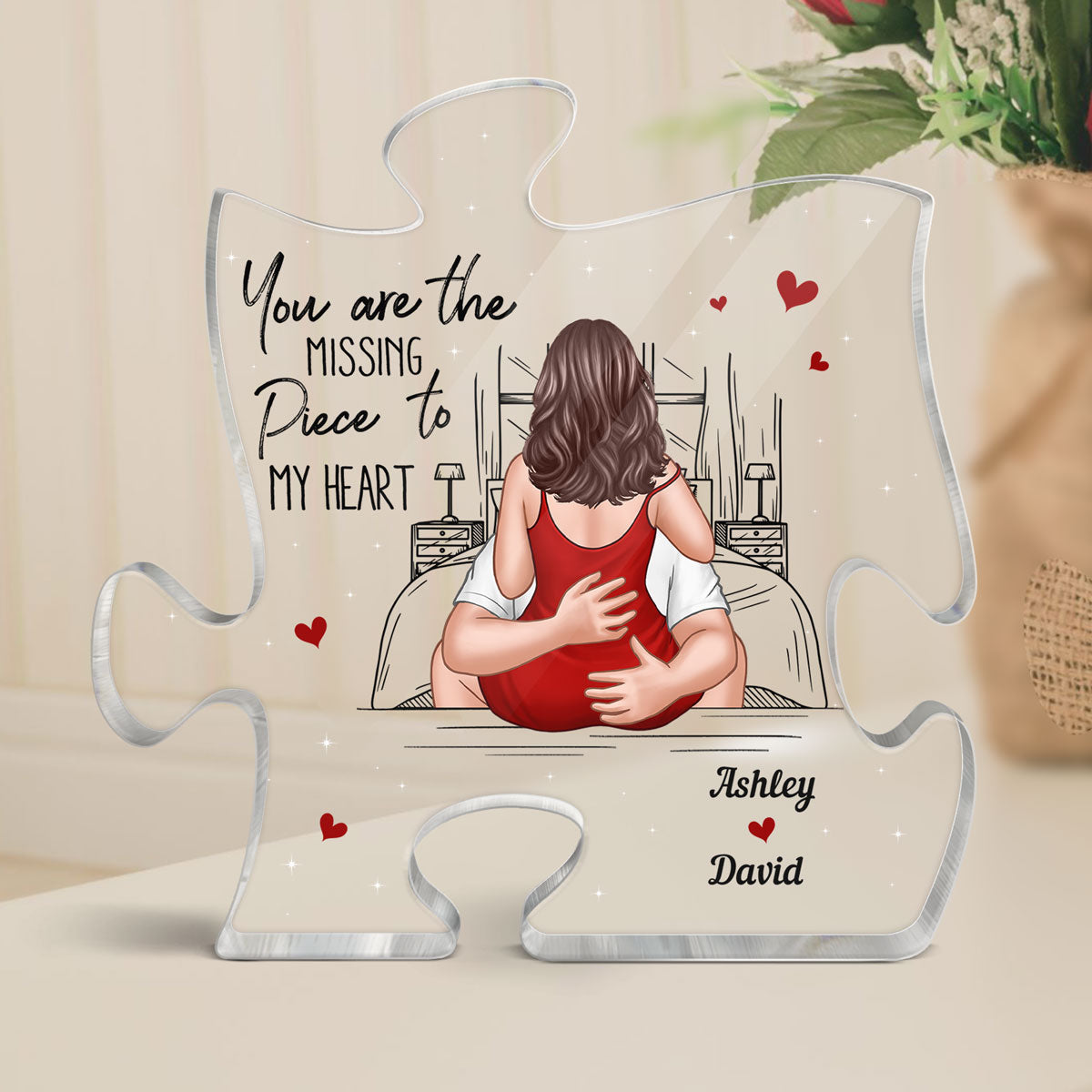 The Missing Piece To My Heart Kissing Couple On Bed Personalized Puzzle Plaque