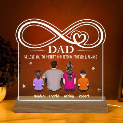 Dad We Love You To Infinity Back View Man & Kids Dog Cat Personalized Custom Shape Acrylic Plaque With Warm LED Night Light