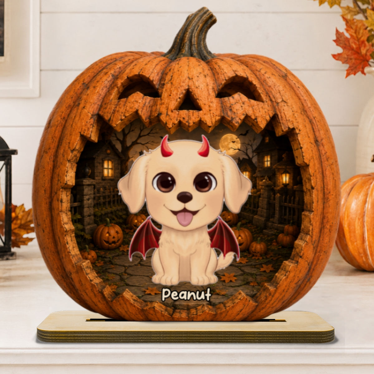 Spooky Halloween Pumpkin Dogs - Personalized 2-Layered Wooden Plaque - Halloween Decor For Dog Lovers - Wood / 5.5"