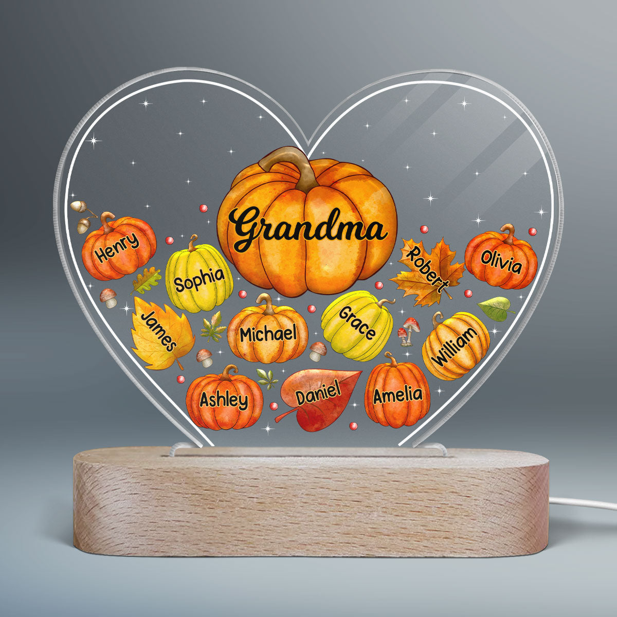 Grandma Mom Pumpkins Fall Leaves Personalized Heart Acrylic LED Night Light