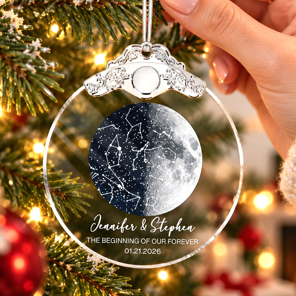 Custom Moon Phase & Star Map by Date - Personalized Glass Ornament With Silver Cap - Heartfelt Christmas Gift, Anniversary Gift, For Couple, For Him, For Her