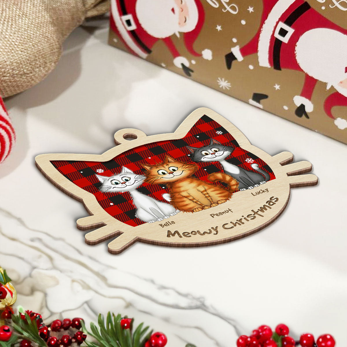 Funny Cat Christmas Wooden Ornament, Personalized Christmas Cat Ornament, Christmas Gift For Cat Lovers