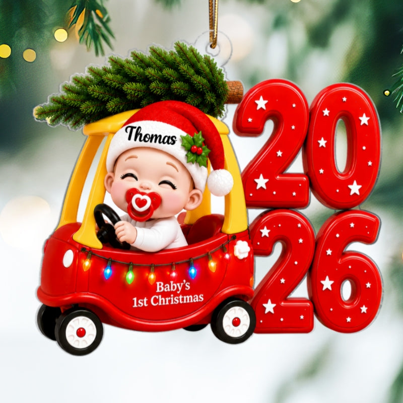 Baby First Christmas Cozy Coupe 2D Flat - Personalized Acrylic Ornament - Christmas Keepsake