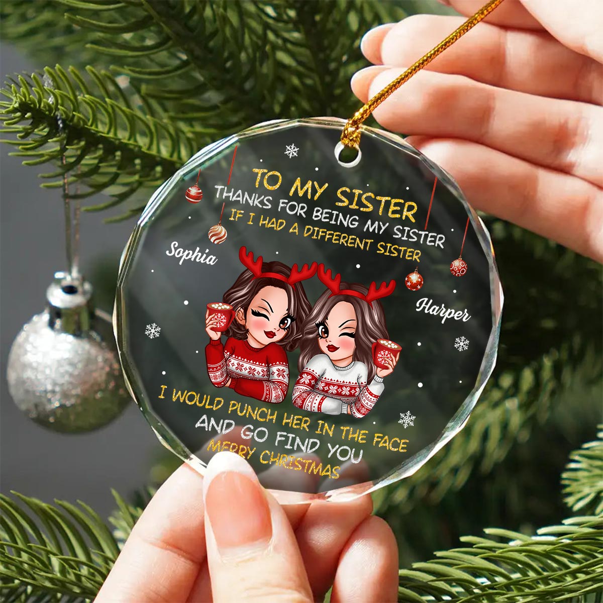 To My Sister Brother Merry Christmas Personalized Glass Ornament, Christmas Gift For Sisters, Brothers