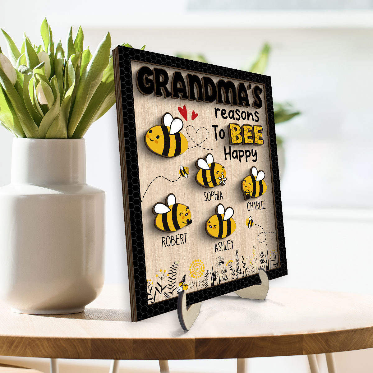Grandma‘s Reason To Bee Happy Personalized 2-layer Wooden Plaque